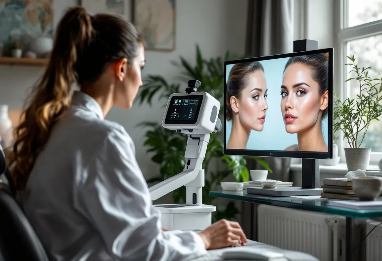 Een rustige, lichte kliniekruimte in Gent waar een specialist met een geavanceerd huidanalyse-apparaat de huid van een ontspannen cliënt scant, terwijl op een scherm vergrote huidbeelden zichtbaar zijn.