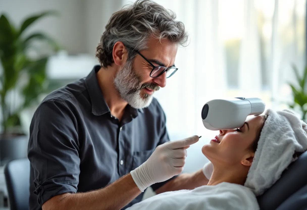 Een ervaren huidtherapeut bestudeert de huid van een cliënt met een dermatoscoop in een lichte, moderne kliniek in Gent.