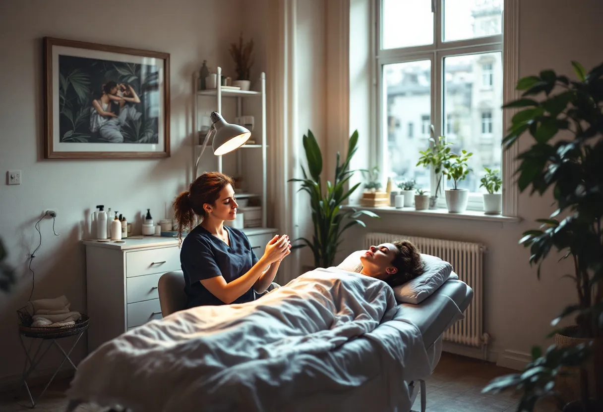 Een rustige, lichte behandelkamer in Gent met een witte behandeltafel, een vergrootglas met lamp en een schap met medische huidverzorgingsproducten. Een huidtherapeute glimlacht naar een cliënt die comfortabel op de stoel zit.