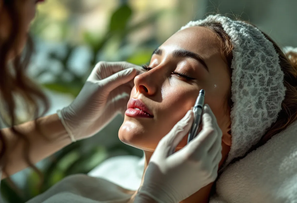 Close-up van een huidtherapeut die met een dermatoscoop de huid van een vrouwelijke cliënt bekijkt in een lichte, moderne kliniek met uitzicht op een groene Gentse binnenplaats.