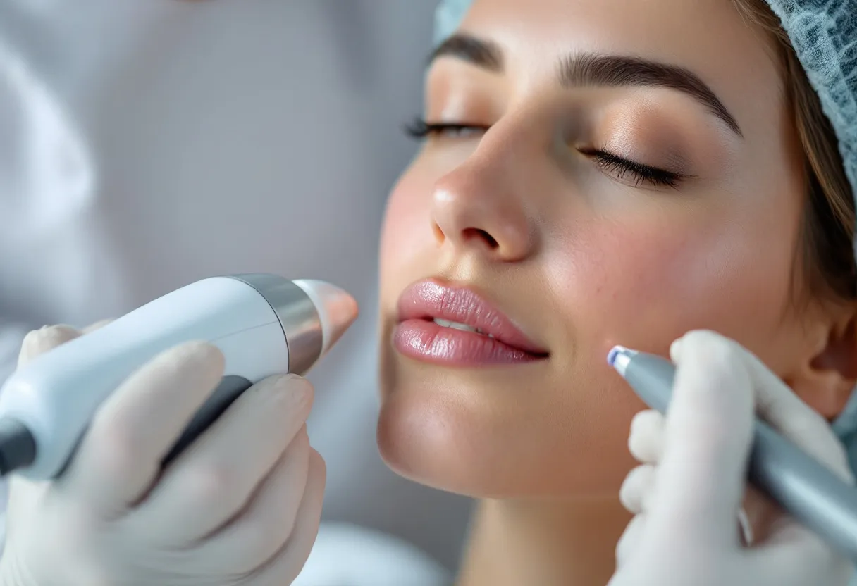 Een close-up van een ontspannen vrouwengezicht waarbij een specialist met een klein laserapparaat een acne litteken op de wang behandelt in een heldere, moderne behandelkamer in Gent.