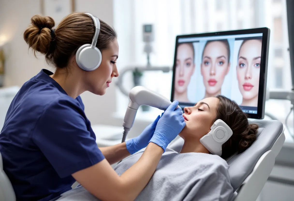 Een huidtherapeute in een moderne kliniek in Gent onderzoekt de huid van een cliënt met een dermatoscoop, terwijl op een monitor vergrote huidbeelden te zien zijn.