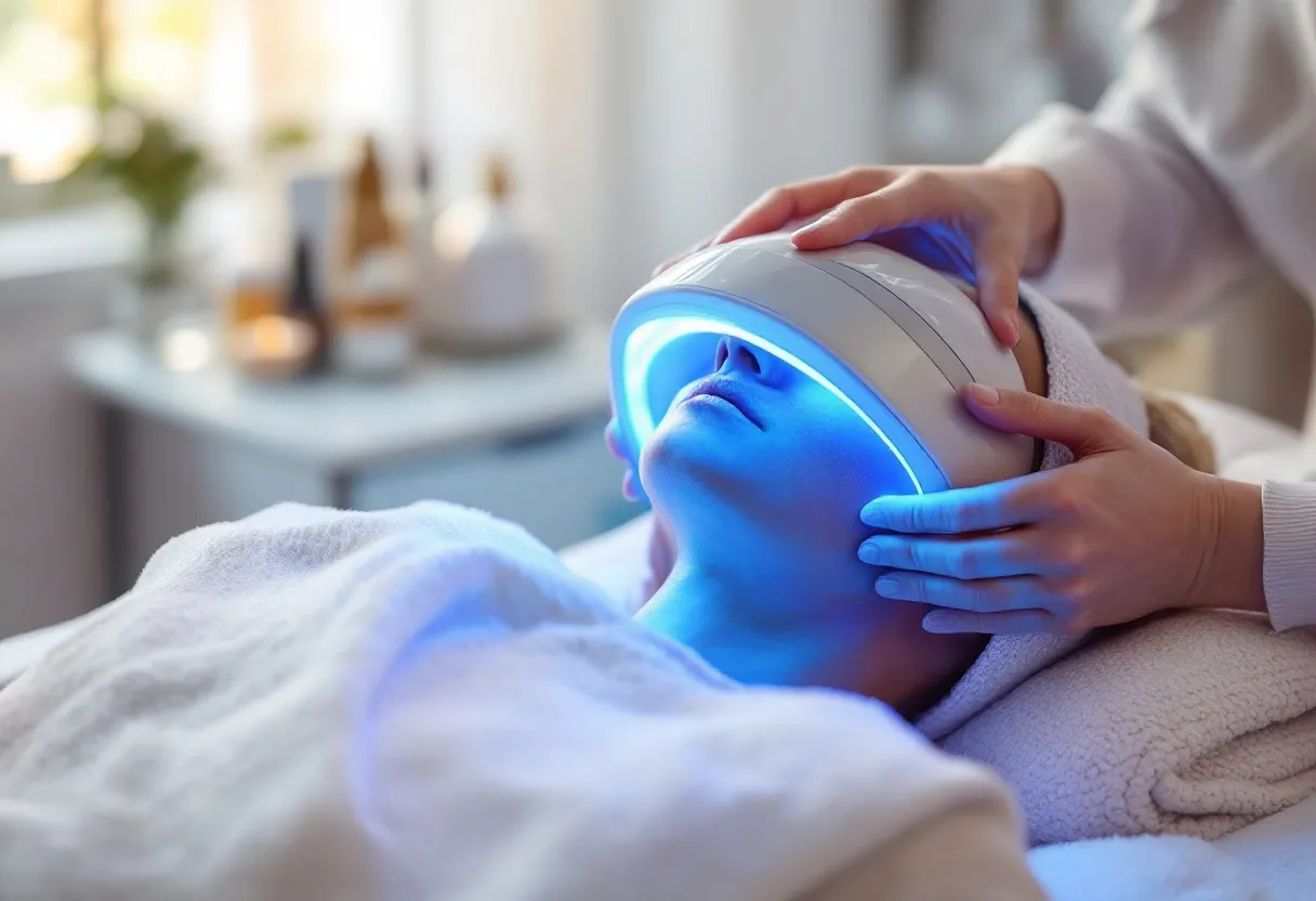 Een close-up van een serene behandelkamer in Gent waar zachte handen een medische gezichtsbehandeling uitvoeren met een LED-lichtmasker, omringd door huidverzorgingsproducten in een heldere, moderne kliniek.