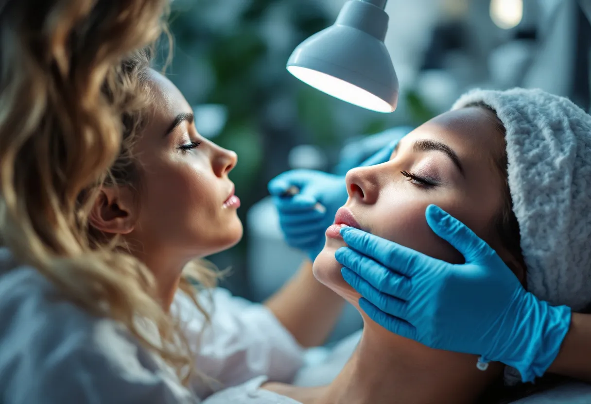 Een close-up van een professionele huidanalyse in een moderne kliniek in Gent, waarbij een dermatoloog met een vergrootlamp de huid van een cliënt onderzoekt, terwijl op de achtergrond medische apparatuur zichtbaar is.