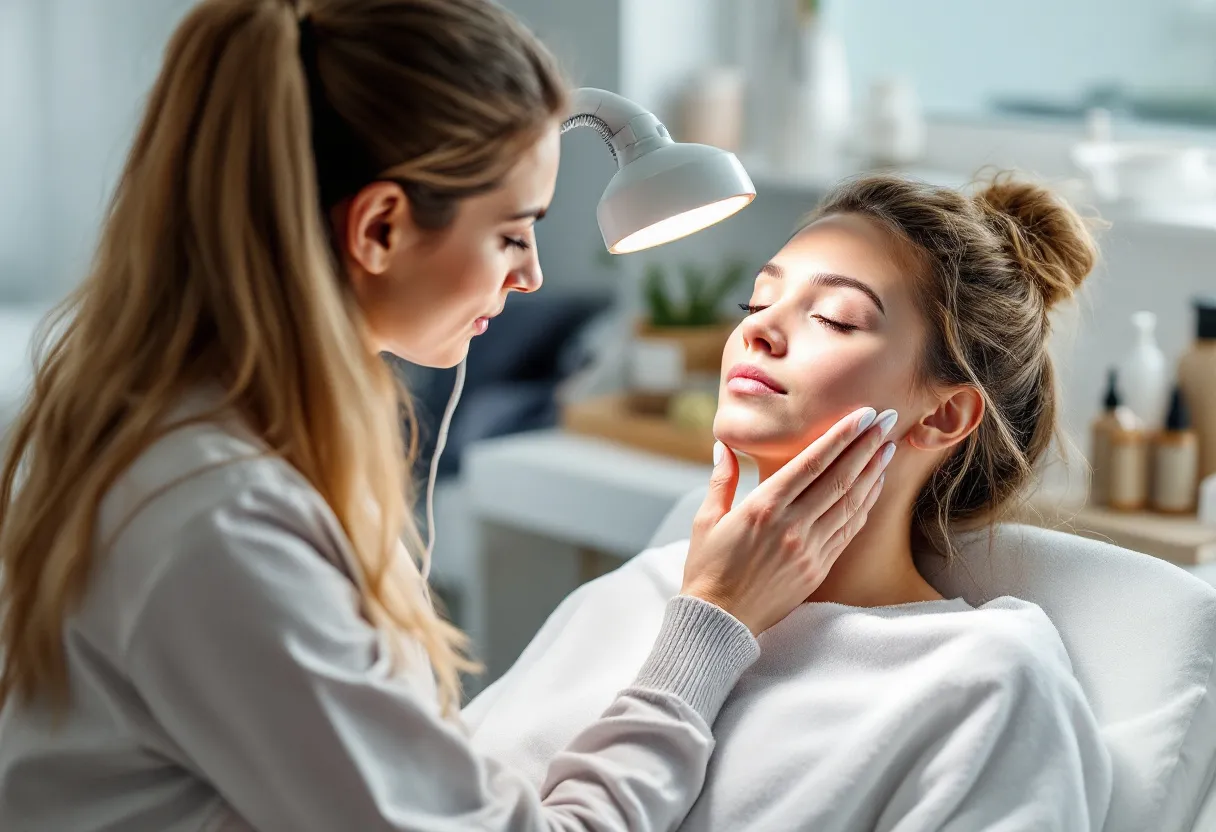 Een huidtherapeut onderzoekt met een vergrootlamp de huid van een cliënt in een lichte, moderne kliniek in Gent, met producten op de achtergrond.