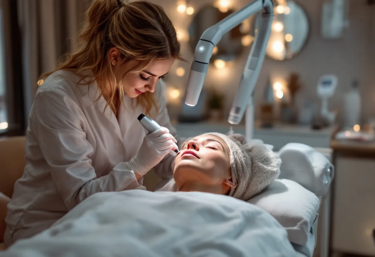 Een serene behandelkamer in een moderne huidkliniek in Gent, waar een huidtherapeut met een geavanceerd laserapparaat de gezichtshuid van een cliënt behandelt, met zachte natuurlijke belichting en een rustgevende sfeer.